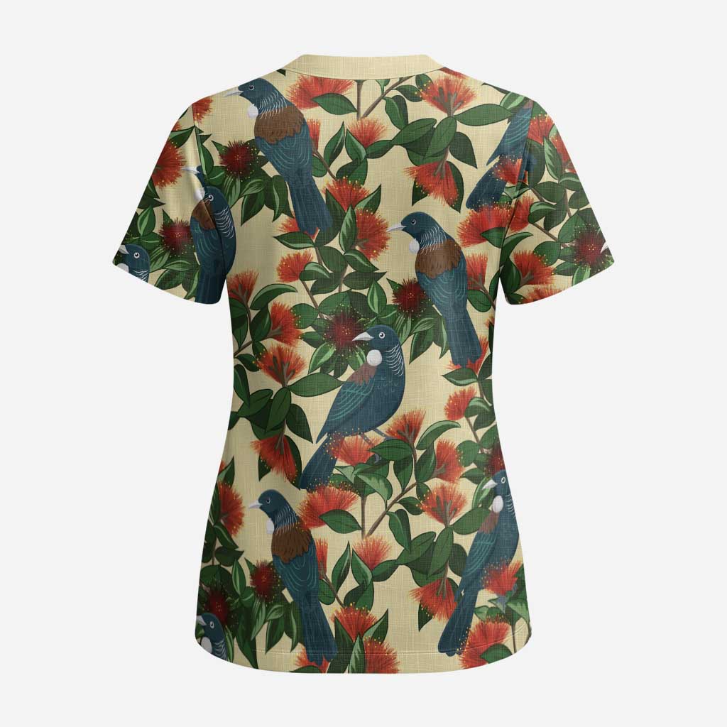 New Zealand Christmas Scrub Top Romantic Tui Birds on Pohutukawa - Ivory - Aussie Hoodie