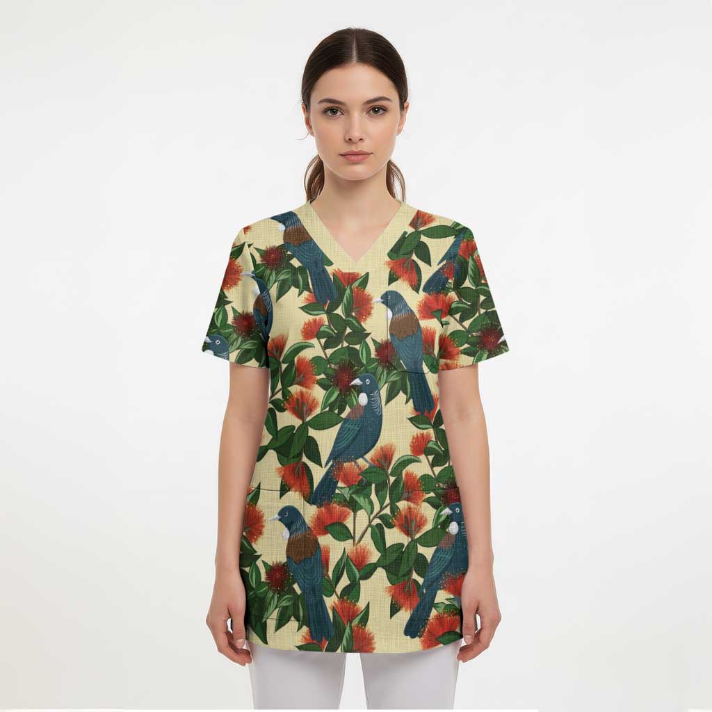New Zealand Christmas Scrub Top Romantic Tui Birds on Pohutukawa - Ivory - Aussie Hoodie