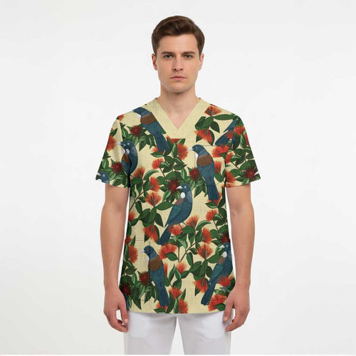New Zealand Christmas Scrub Top Romantic Tui Birds on Pohutukawa - Ivory - Aussie Hoodie