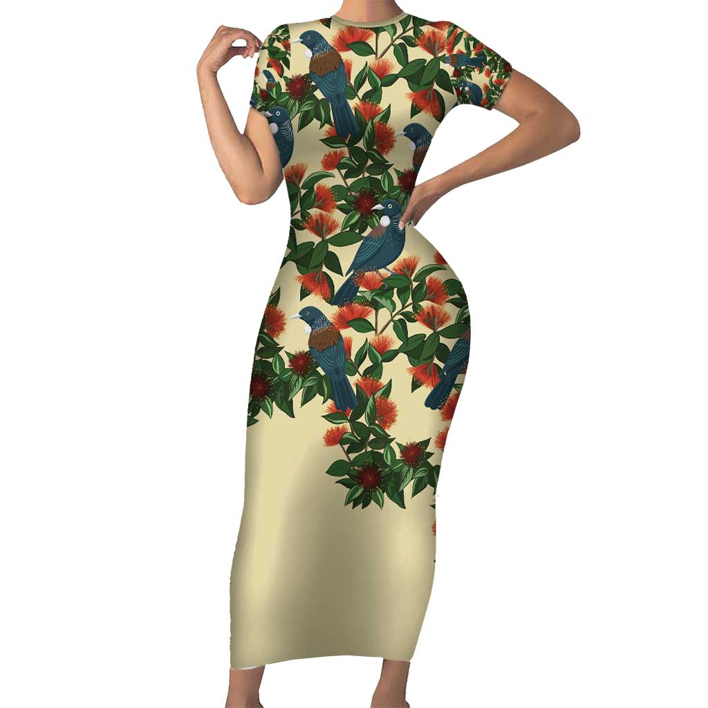 New Zealand Christmas Short Sleeve Bodycon Dress Romantic Tui Birds on Pohutukawa - Ivory - Aussie Hoodie