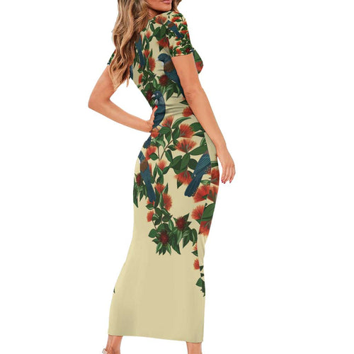 New Zealand Christmas Short Sleeve Bodycon Dress Romantic Tui Birds on Pohutukawa - Ivory - Aussie Hoodie