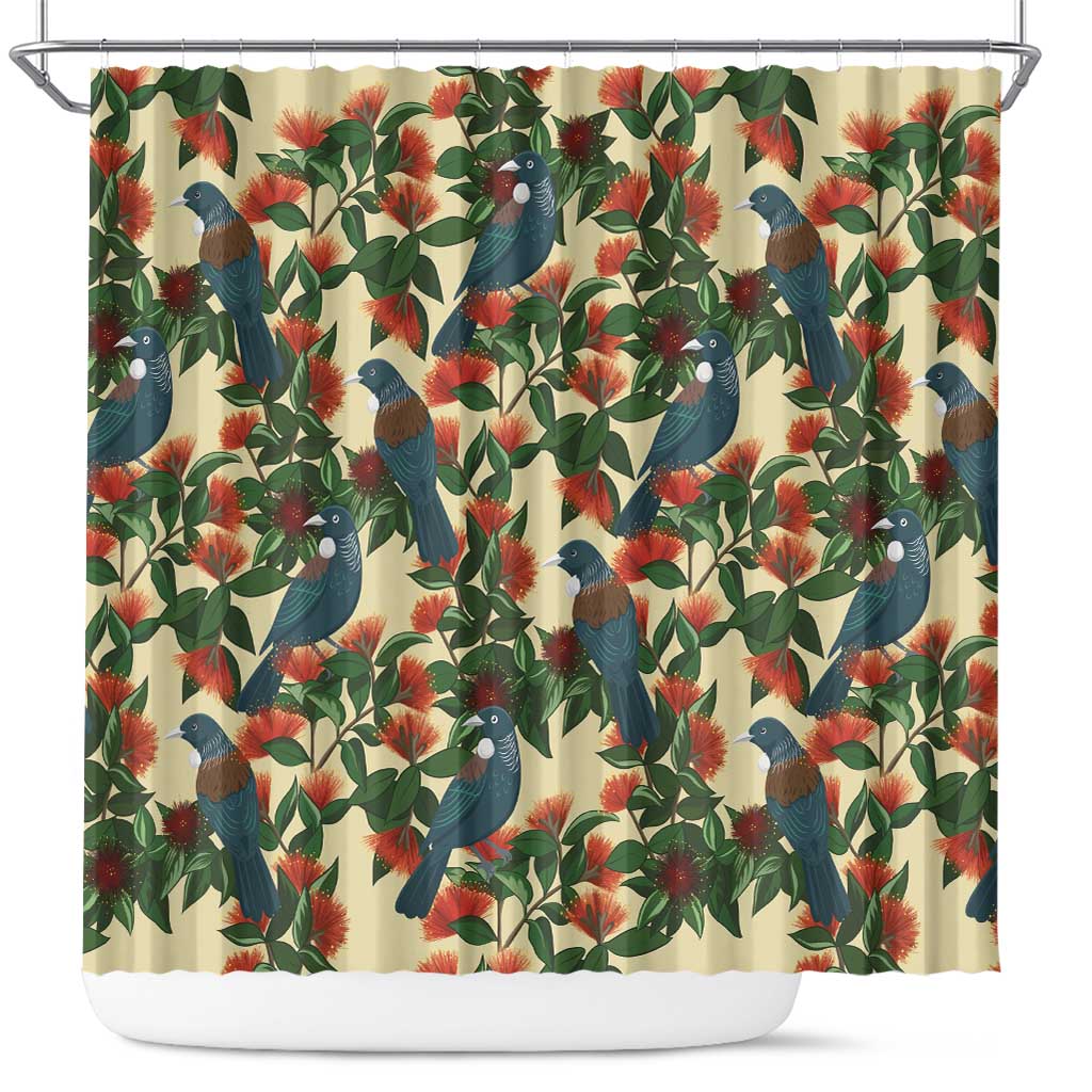 New Zealand Christmas Shower Curtain Romantic Tui Birds on Pohutukawa - Ivory - Aussie Hoodie