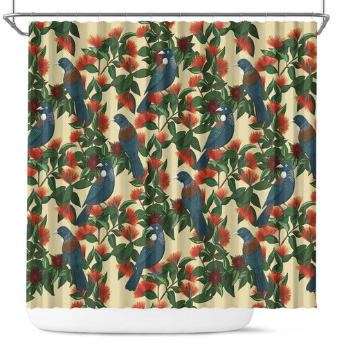 New Zealand Christmas Shower Curtain Romantic Tui Birds on Pohutukawa - Ivory - Aussie Hoodie