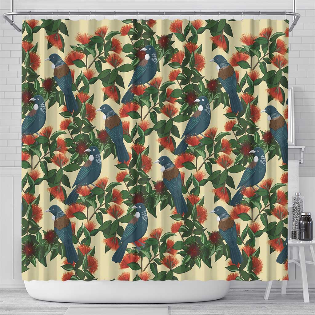 New Zealand Christmas Shower Curtain Romantic Tui Birds on Pohutukawa - Ivory - Aussie Hoodie