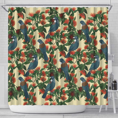 New Zealand Christmas Shower Curtain Romantic Tui Birds on Pohutukawa - Ivory - Aussie Hoodie