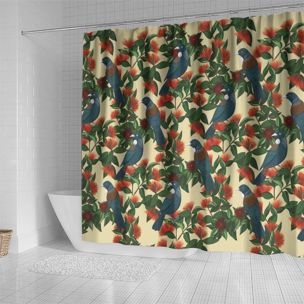 New Zealand Christmas Shower Curtain Romantic Tui Birds on Pohutukawa - Ivory - Aussie Hoodie
