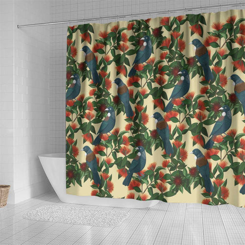 New Zealand Christmas Shower Curtain Romantic Tui Birds on Pohutukawa - Ivory - Aussie Hoodie