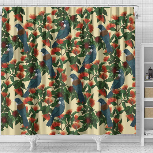 New Zealand Christmas Shower Curtain Romantic Tui Birds on Pohutukawa - Ivory - Aussie Hoodie