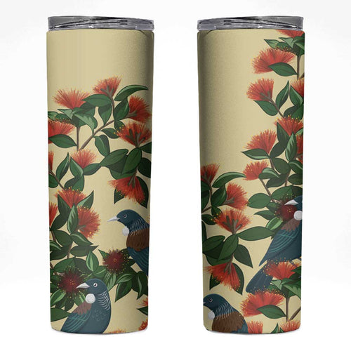 New Zealand Christmas Skinny Tumbler Romantic Tui Birds on Pohutukawa - Ivory - Aussie Hoodie