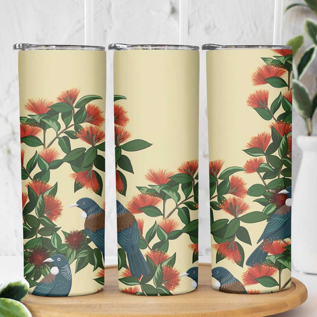 New Zealand Christmas Skinny Tumbler Romantic Tui Birds on Pohutukawa - Ivory - Aussie Hoodie