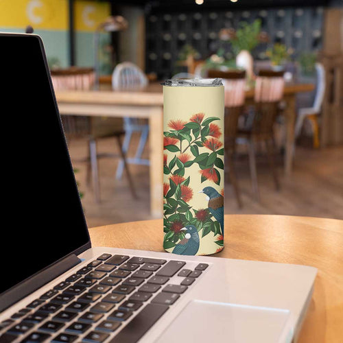 New Zealand Christmas Skinny Tumbler Romantic Tui Birds on Pohutukawa - Ivory - Aussie Hoodie