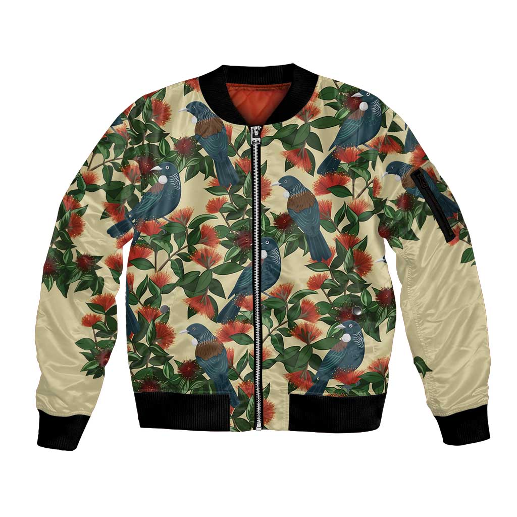 New Zealand Christmas Sleeve Zip Bomber Jacket Romantic Tui Birds on Pohutukawa - Ivory - Aussie Hoodie