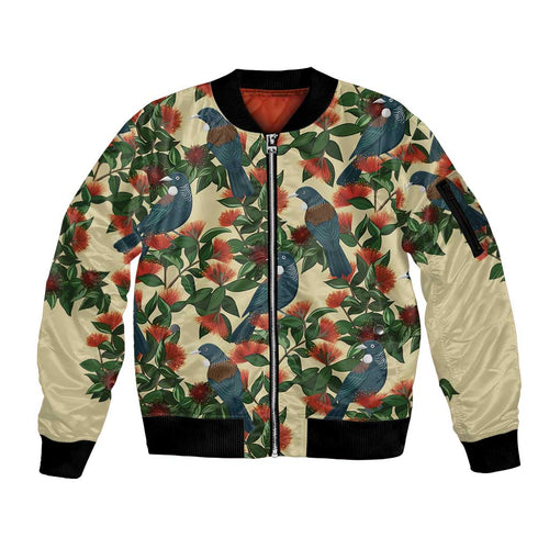 New Zealand Christmas Sleeve Zip Bomber Jacket Romantic Tui Birds on Pohutukawa - Ivory - Aussie Hoodie