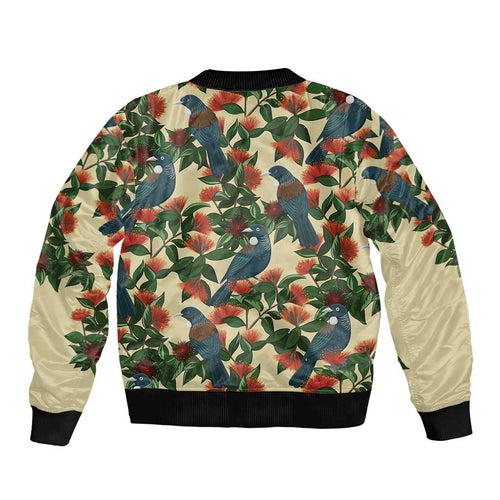 New Zealand Christmas Sleeve Zip Bomber Jacket Romantic Tui Birds on Pohutukawa - Ivory - Aussie Hoodie