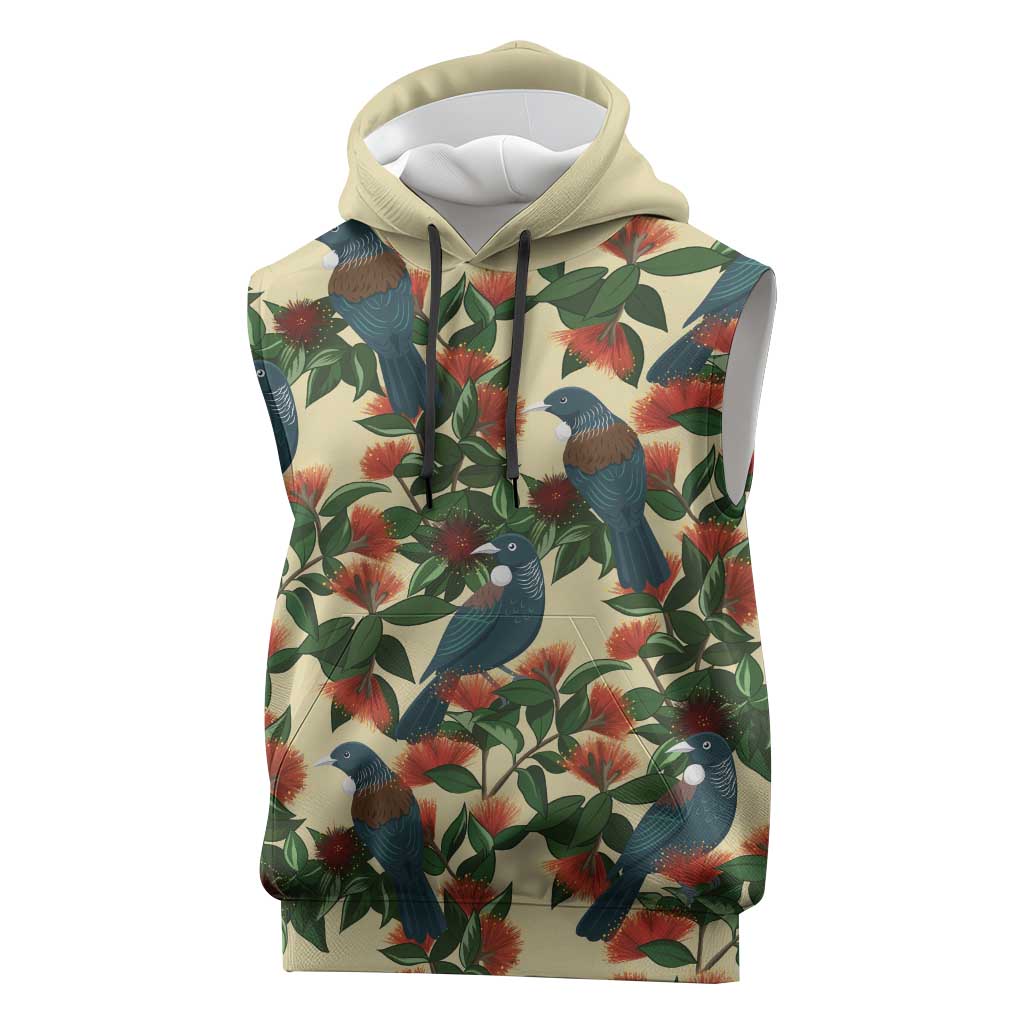 New Zealand Christmas Sleeveless Hoodie Romantic Tui Birds on Pohutukawa - Ivory - Aussie Hoodie