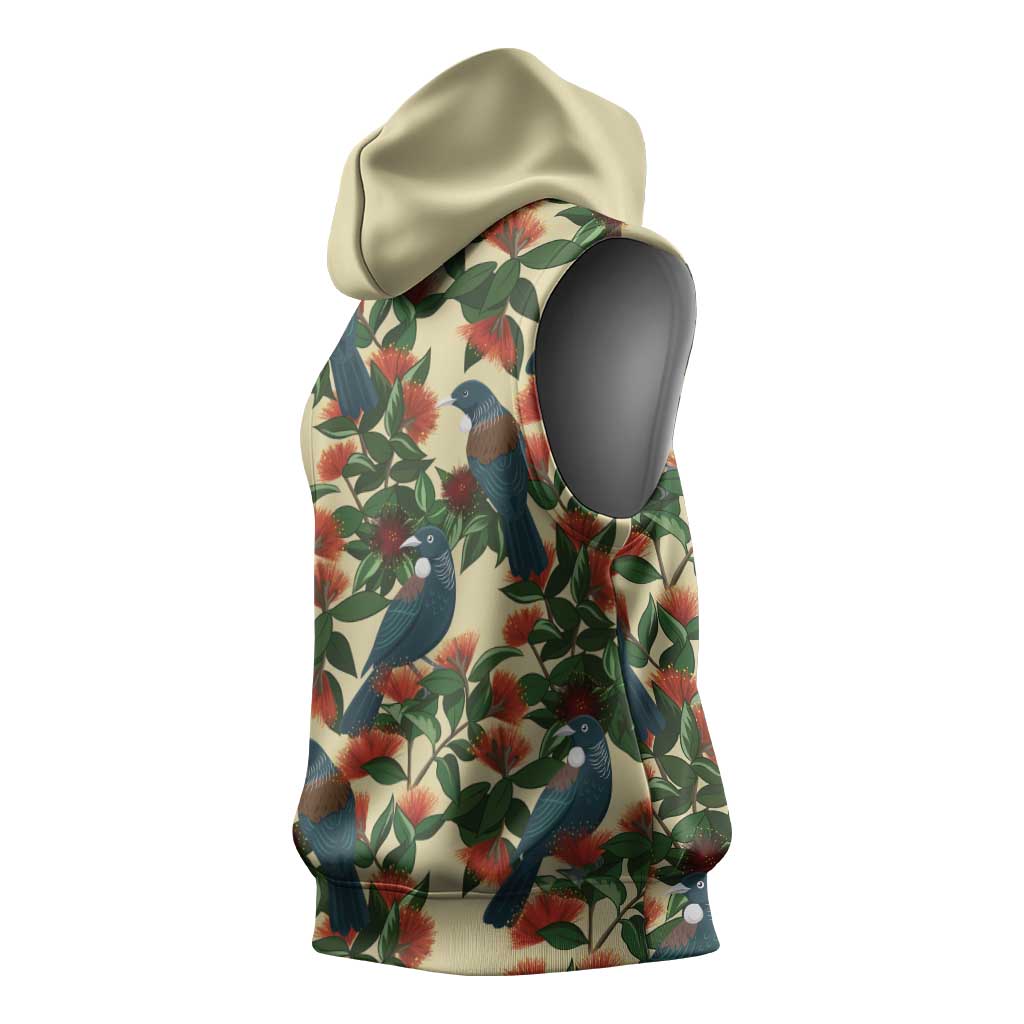 New Zealand Christmas Sleeveless Hoodie Romantic Tui Birds on Pohutukawa - Ivory - Aussie Hoodie