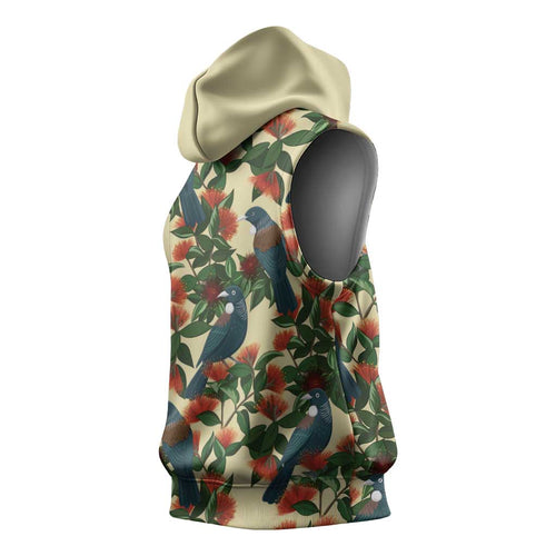 New Zealand Christmas Sleeveless Hoodie Romantic Tui Birds on Pohutukawa - Ivory - Aussie Hoodie
