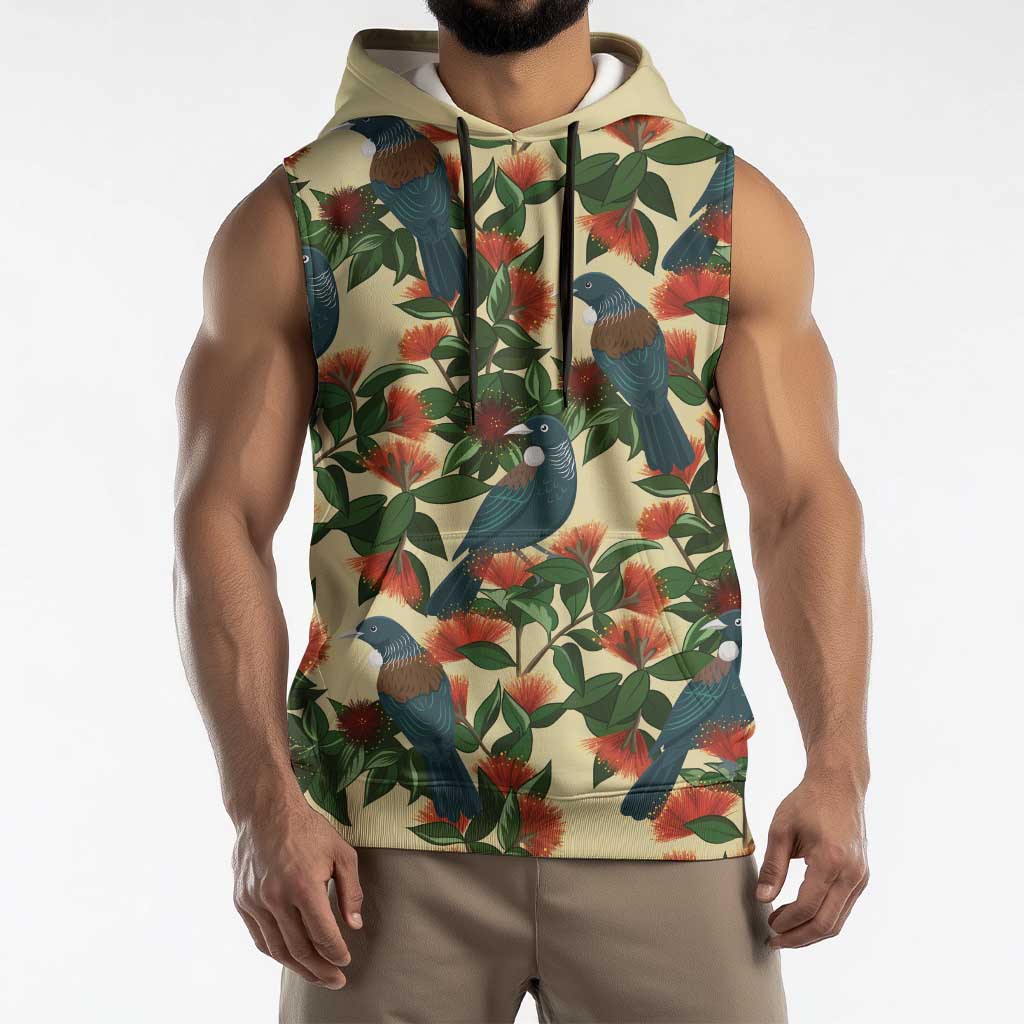 New Zealand Christmas Sleeveless Hoodie Romantic Tui Birds on Pohutukawa - Ivory - Aussie Hoodie