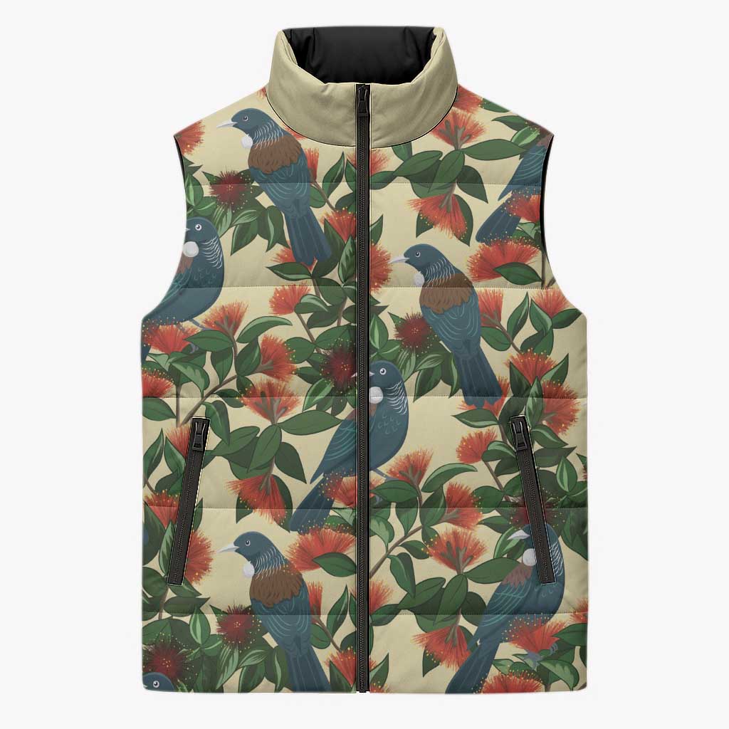 New Zealand Christmas Sleeveless Puffer Jacket Romantic Tui Birds on Pohutukawa - Ivory - Aussie Hoodie