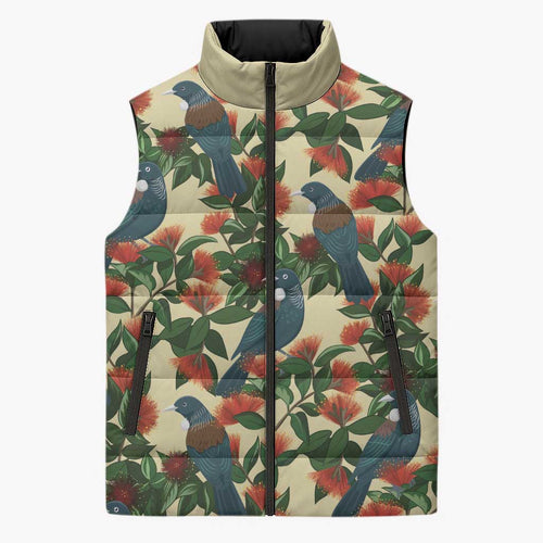 New Zealand Christmas Sleeveless Puffer Jacket Romantic Tui Birds on Pohutukawa - Ivory - Aussie Hoodie