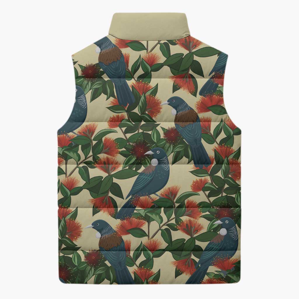 New Zealand Christmas Sleeveless Puffer Jacket Romantic Tui Birds on Pohutukawa - Ivory - Aussie Hoodie