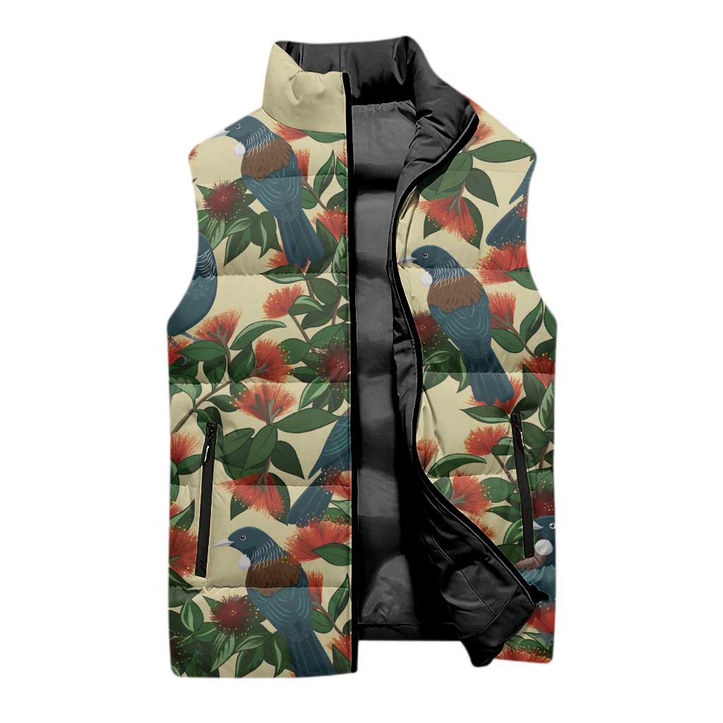 New Zealand Christmas Sleeveless Puffer Jacket Romantic Tui Birds on Pohutukawa - Ivory - Aussie Hoodie