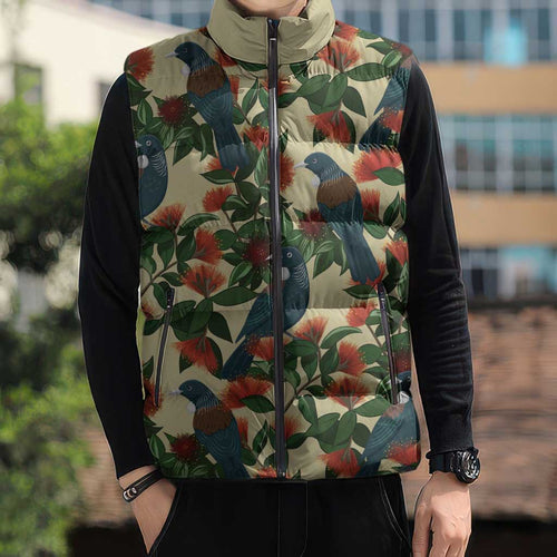 New Zealand Christmas Sleeveless Puffer Jacket Romantic Tui Birds on Pohutukawa - Ivory - Aussie Hoodie