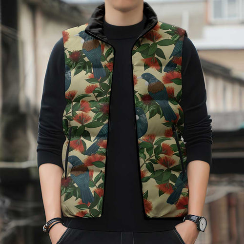 New Zealand Christmas Sleeveless Puffer Jacket Romantic Tui Birds on Pohutukawa - Ivory - Aussie Hoodie