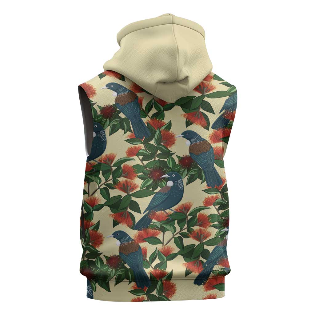 New Zealand Christmas Sleeveless Zip Hoodie Romantic Tui Birds on Pohutukawa - Ivory LT7