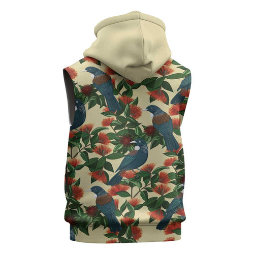 New Zealand Christmas Sleeveless Zip Hoodie Romantic Tui Birds on Pohutukawa - Ivory LT7