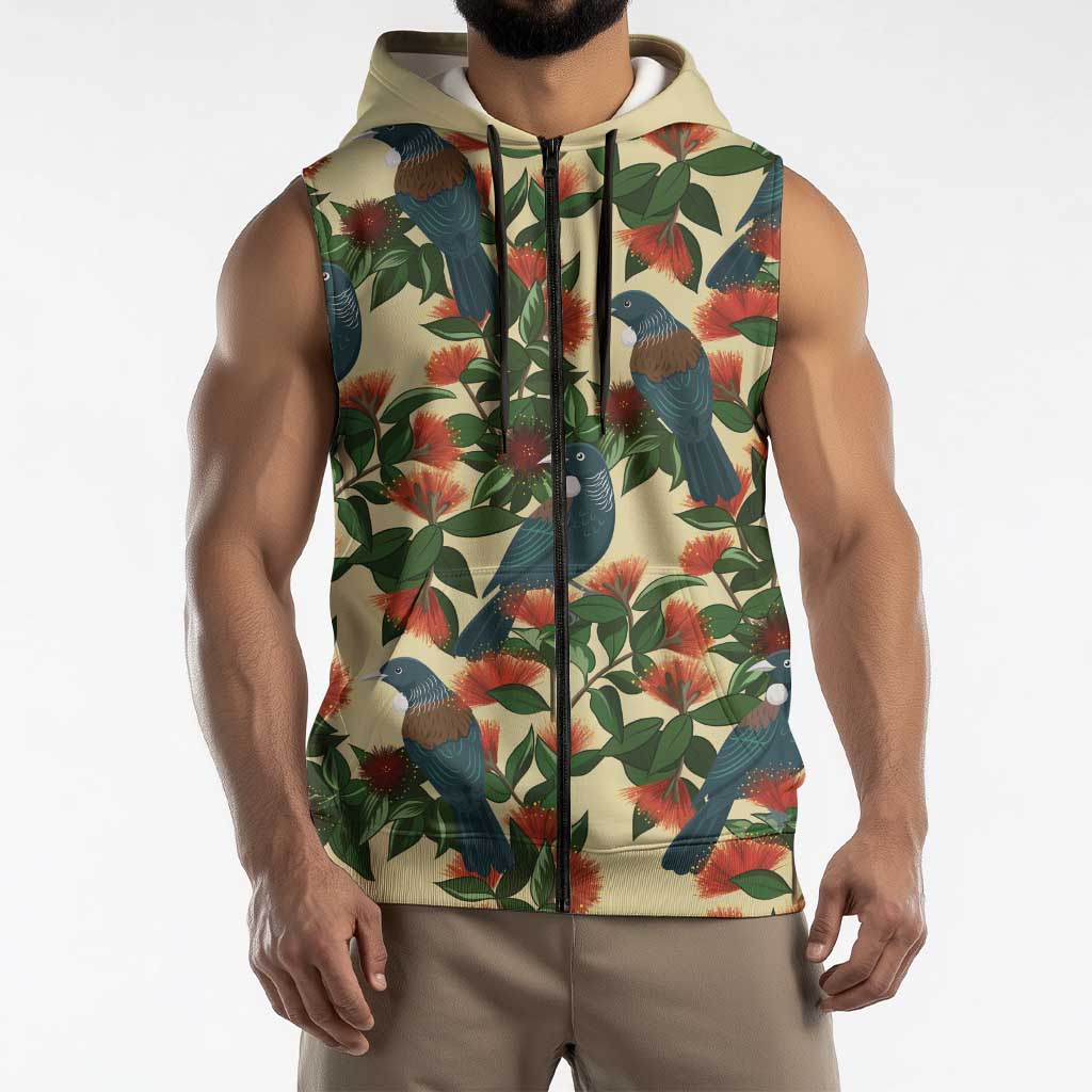 New Zealand Christmas Sleeveless Zip Hoodie Romantic Tui Birds on Pohutukawa - Ivory LT7