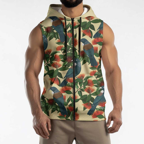 New Zealand Christmas Sleeveless Zip Hoodie Romantic Tui Birds on Pohutukawa - Ivory LT7