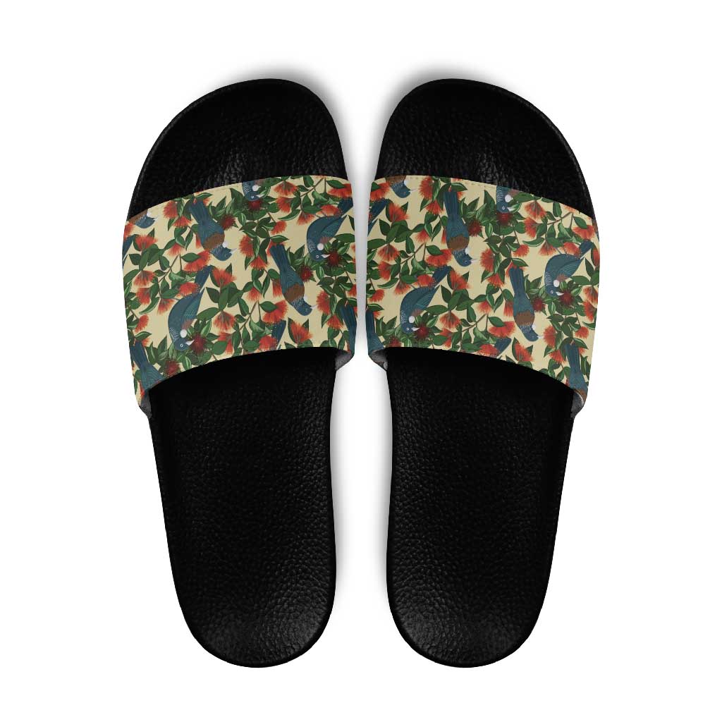 New Zealand Christmas Slide Sandals Romantic Tui Birds on Pohutukawa - Ivory - Aussie Hoodie