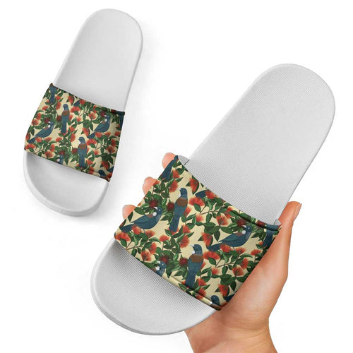 New Zealand Christmas Slide Sandals Romantic Tui Birds on Pohutukawa - Ivory - Aussie Hoodie