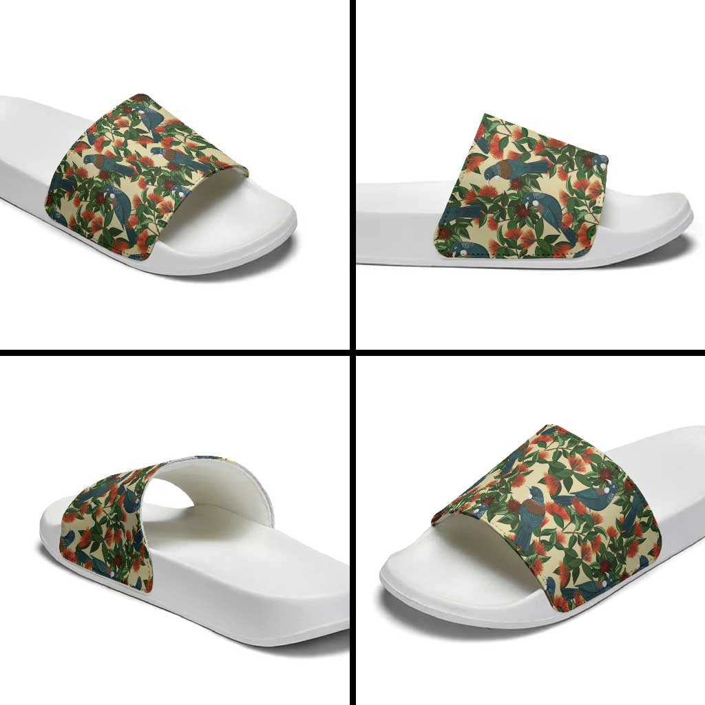 New Zealand Christmas Slide Sandals Romantic Tui Birds on Pohutukawa - Ivory - Aussie Hoodie