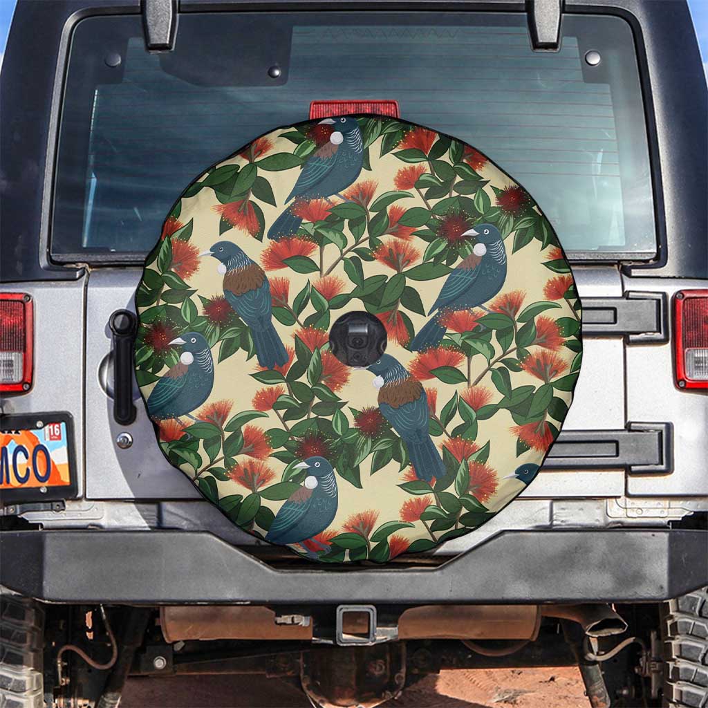 New Zealand Christmas Spare Tire Cover Romantic Tui Birds on Pohutukawa - Ivory - Aussie Hoodie