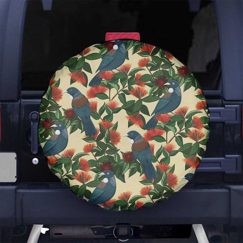 New Zealand Christmas Spare Tire Cover Romantic Tui Birds on Pohutukawa - Ivory - Aussie Hoodie