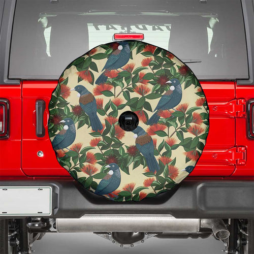 New Zealand Christmas Spare Tire Cover Romantic Tui Birds on Pohutukawa - Ivory - Aussie Hoodie