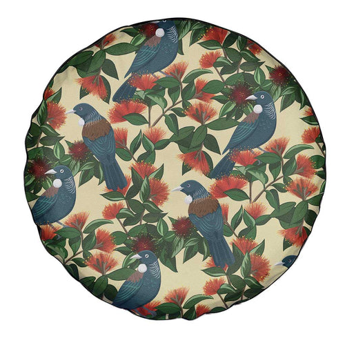 New Zealand Christmas Spare Tire Cover Romantic Tui Birds on Pohutukawa - Ivory - Aussie Hoodie