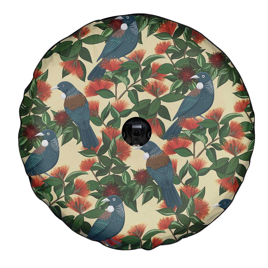 New Zealand Christmas Spare Tire Cover Romantic Tui Birds on Pohutukawa - Ivory - Aussie Hoodie