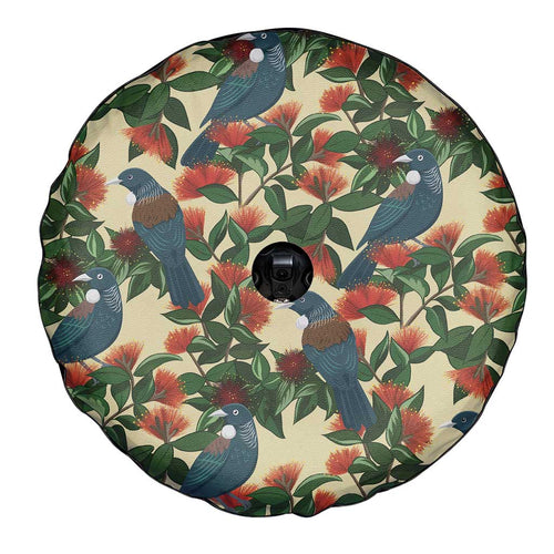 New Zealand Christmas Spare Tire Cover Romantic Tui Birds on Pohutukawa - Ivory - Aussie Hoodie