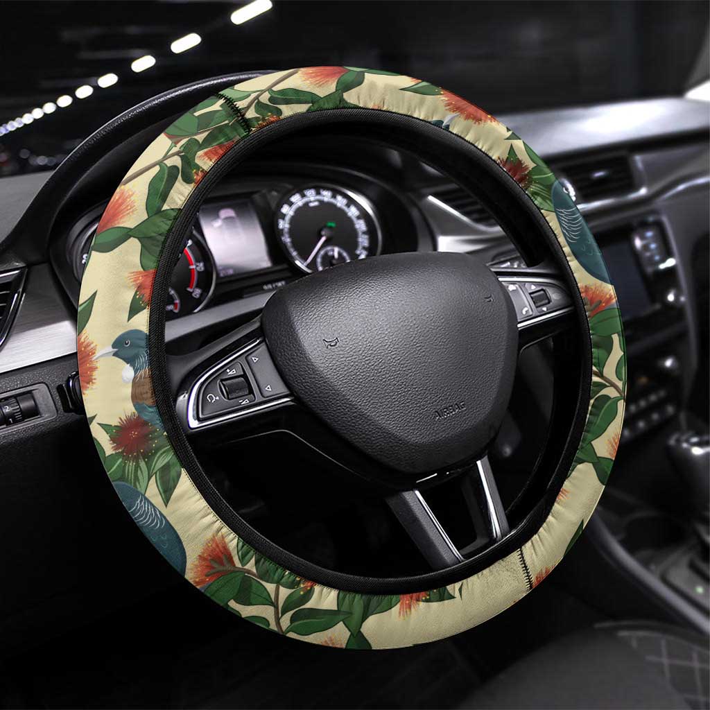 New Zealand Christmas Steering Wheel Cover Romantic Tui Birds on Pohutukawa - Ivory - Aussie Hoodie