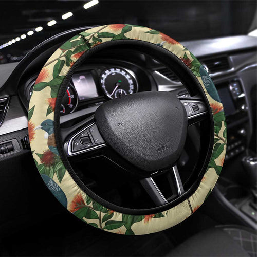 New Zealand Christmas Steering Wheel Cover Romantic Tui Birds on Pohutukawa - Ivory - Aussie Hoodie