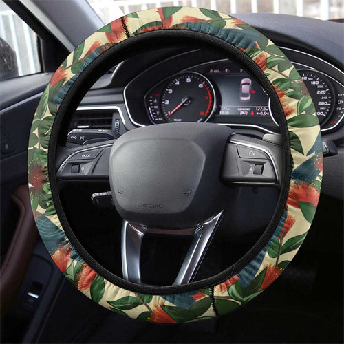 New Zealand Christmas Steering Wheel Cover Romantic Tui Birds on Pohutukawa - Ivory - Aussie Hoodie