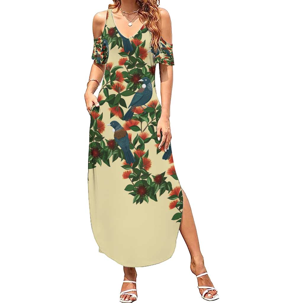 New Zealand Christmas Summer Maxi Dress Romantic Tui Birds on Pohutukawa - Ivory - Aussie Hoodie
