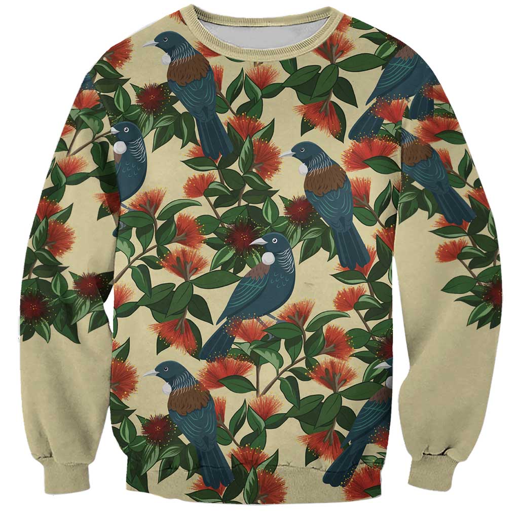New Zealand Christmas Sweatshirt Romantic Tui Birds on Pohutukawa - Ivory - Aussie Hoodie