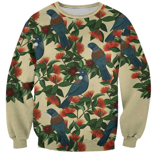 New Zealand Christmas Sweatshirt Romantic Tui Birds on Pohutukawa - Ivory - Aussie Hoodie
