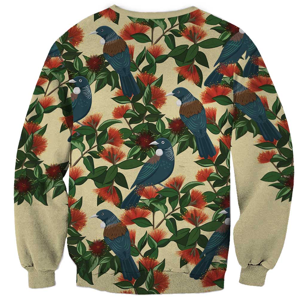 New Zealand Christmas Sweatshirt Romantic Tui Birds on Pohutukawa - Ivory - Aussie Hoodie