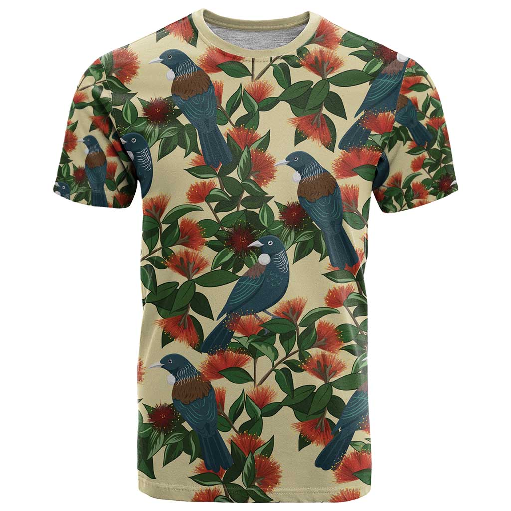 New Zealand Christmas T Shirt Romantic Tui Birds on Pohutukawa - Ivory - Aussie Hoodie