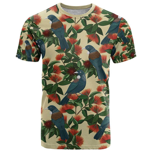 New Zealand Christmas T Shirt Romantic Tui Birds on Pohutukawa - Ivory - Aussie Hoodie